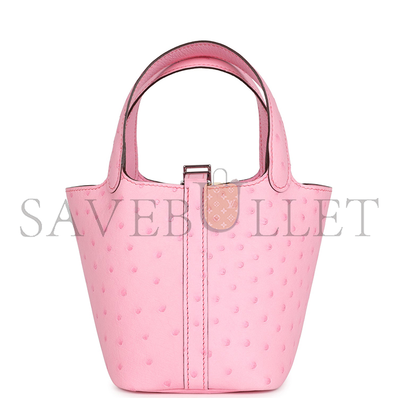 HERMÈS MASTER MICRO PICOTIN LOCK 14 BUBBLEGUM OSTRICH PALLADIUM HARDWARE (14*12*10cm) 